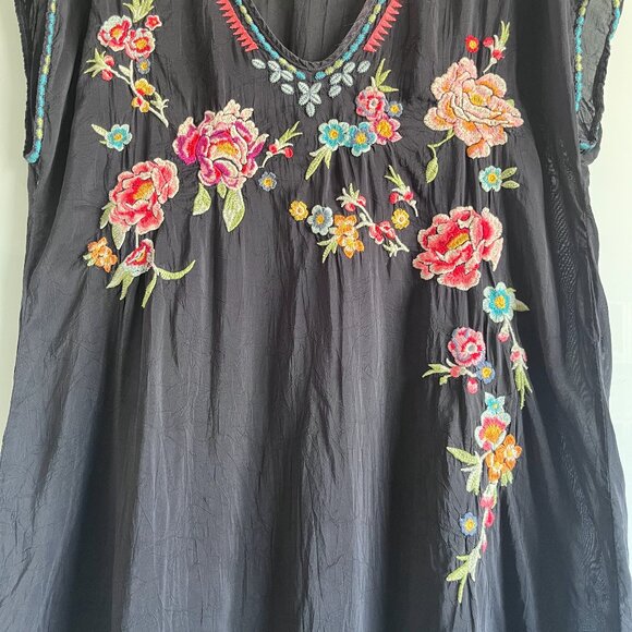 Johnny Was Black Multi Floral Embroidered Cupra Rayon V-Neck Tunic Mini Dress S - Picture 2 of 7